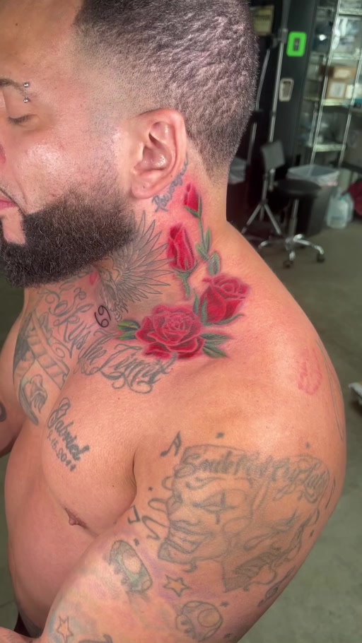 Full color red rose neck tattoo